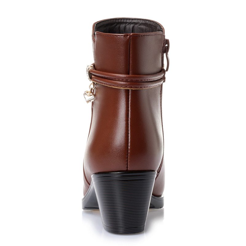 Soft Leather High Heels Zipper Warm Fur Winter Ankle Boots in Women's Boots