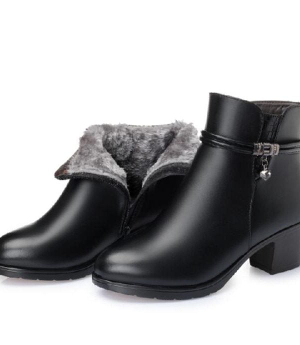 Soft Leather High Heels Zipper Warm Fur Winter Ankle Boots - Black, 5 in