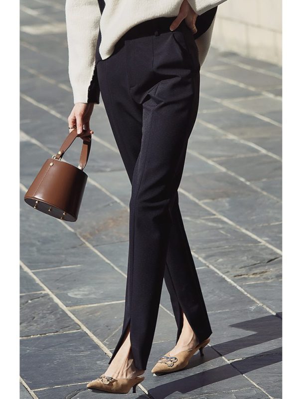 Ael Spring New Ladies Black Pencil Pants Bottom Split Casual Pants Simple Slim Elastic Long Trousers For Women