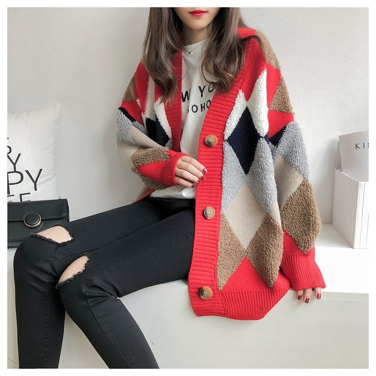 Plaid Button Puff Sleeve Checkered Oversized Sweater Cardigan in Sweaters