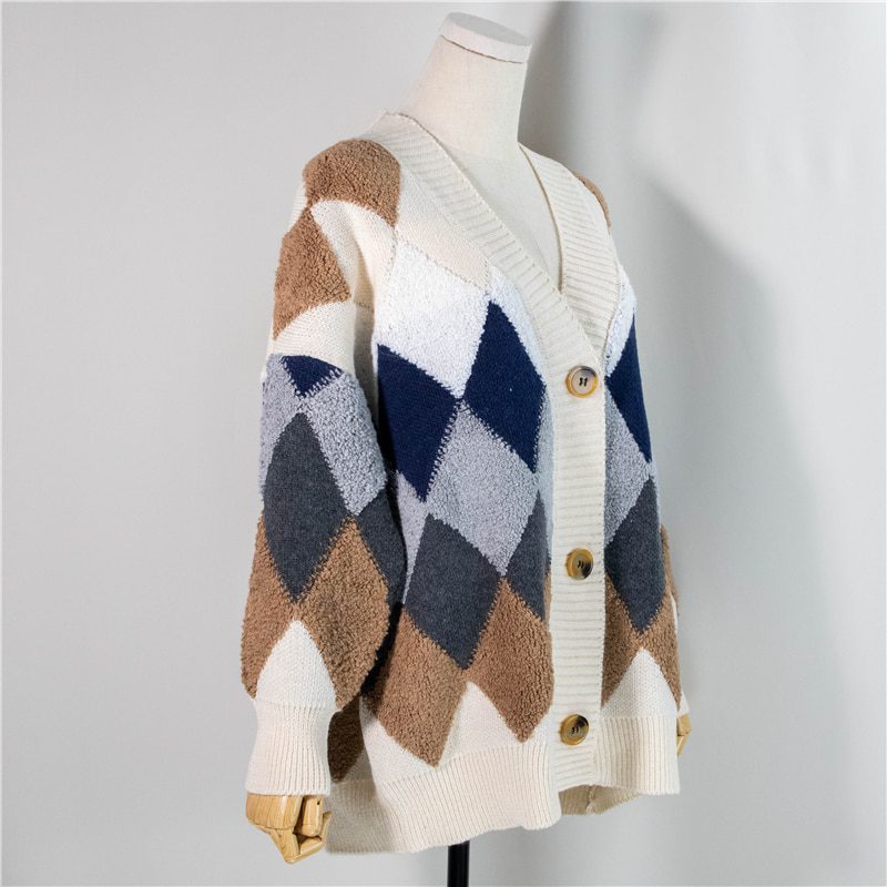 Plaid Button Puff Sleeve Checkered Oversized Sweater Cardigan in Sweaters