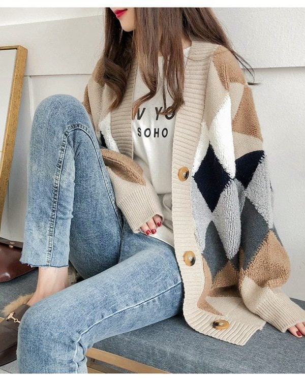 Colorfaith 2022 Plaid Chic Cardigans Button Puff Sleeve Checkered Oversized Women’s Sweaters Winter Spring Sweater Tops Sw658