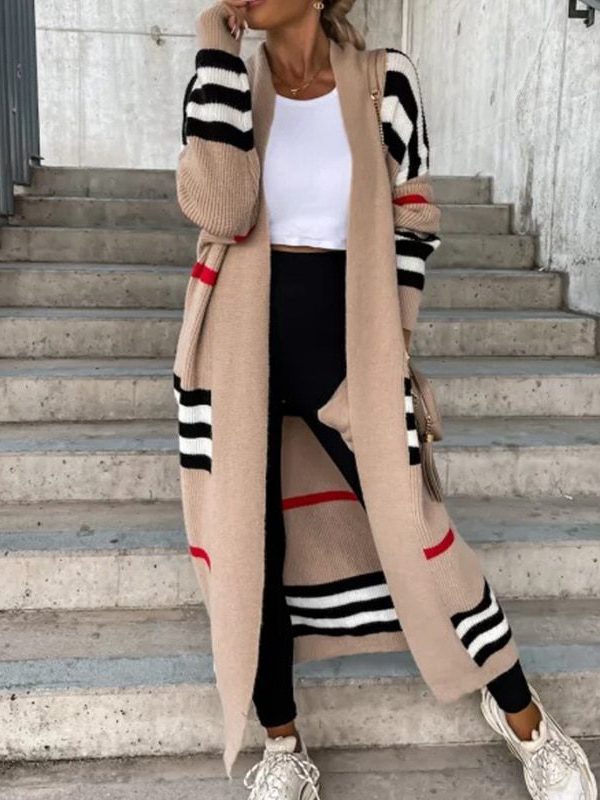 Elegant Striped Patchwork Loose Long Sleeve Sweater Coat in Sweaters