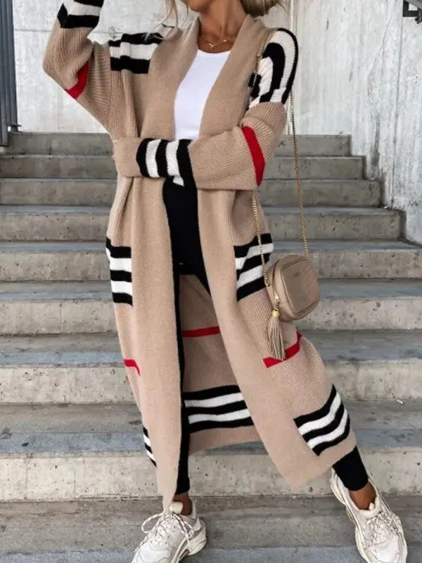 Elegant Striped Patchwork Loose Long Sleeve Sweater Coat in Sweaters