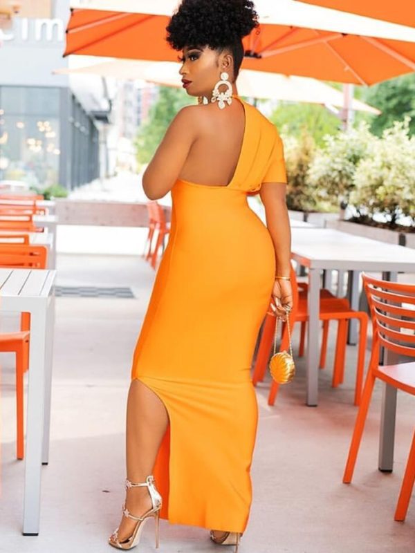 Short Sleeve V Neck Orange Maxi Long Bandage Dress in Dresses
