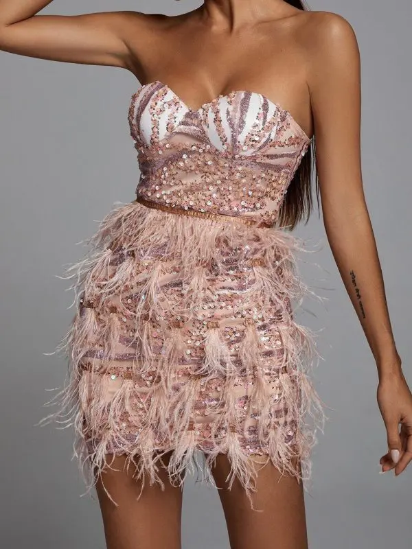 Pink Off Shoulder Backless Feathers Mini Prom Dress - Homecoming Court Dresses - Uniqistic.com