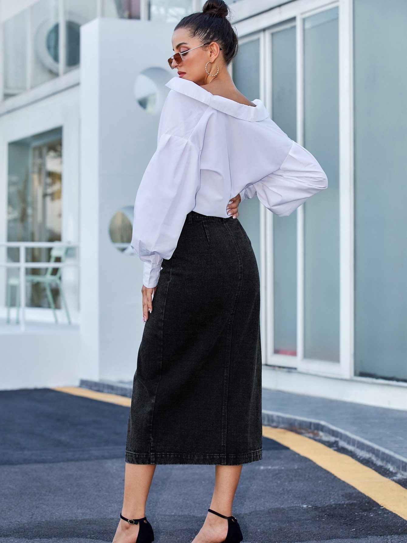 Retro High Waist Split Button Denim Skirt in Skirts