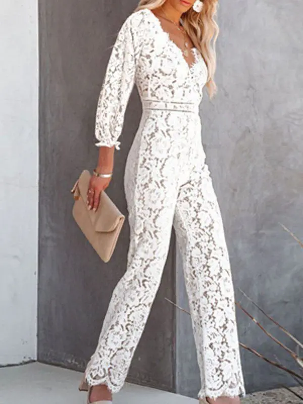 Lace Hollow V-Neck Jumpsuit in Jumpsuits & Rompers
