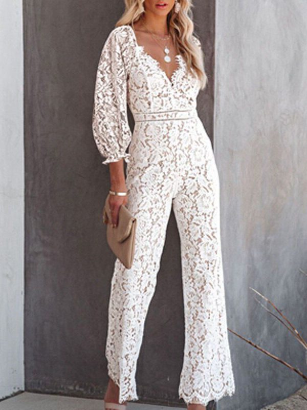 Lace Hollow V-Neck Jumpsuit in Jumpsuits & Rompers