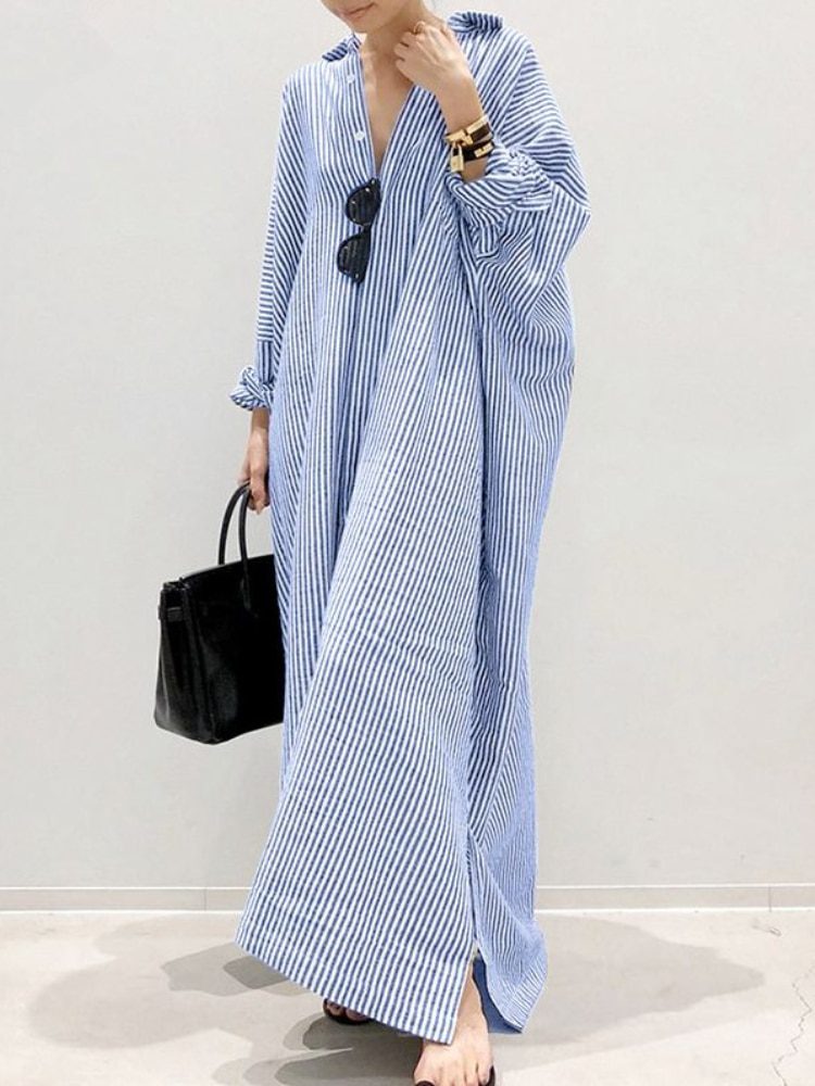 Cotton Linen Striped Loose Irregular Long Dress in Dresses