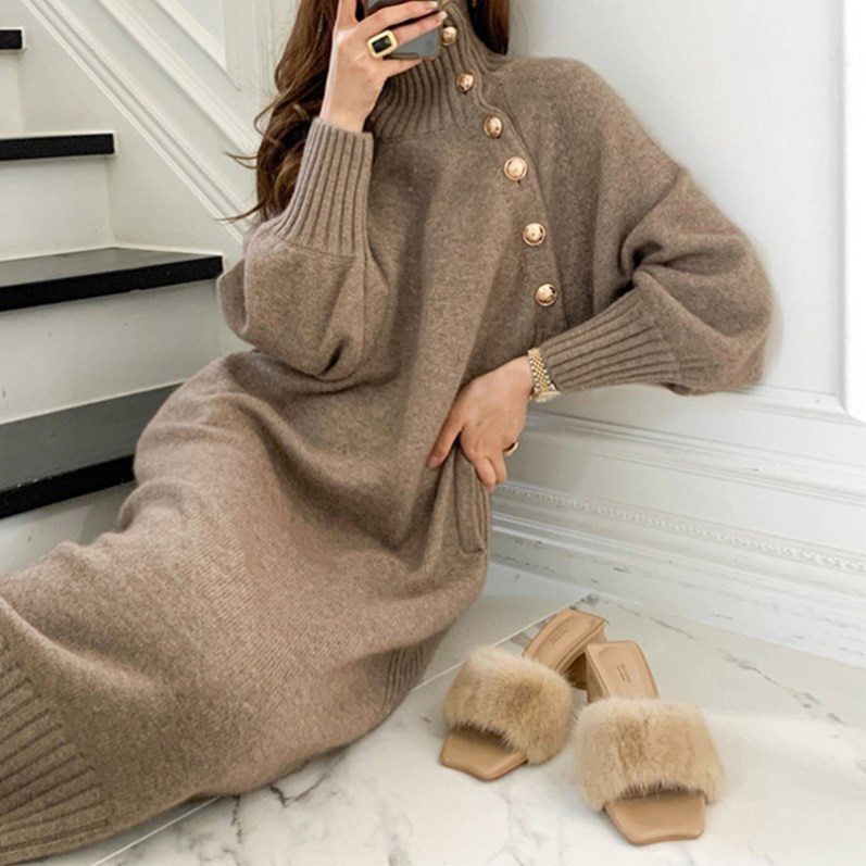 Long Loose Knitted Sweater Dress in Dresses