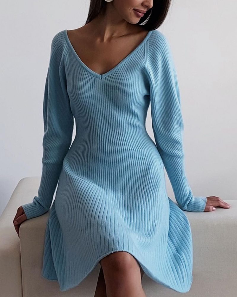 Knitted Long Sleeve V-Neck Sweater Dress in Dresses