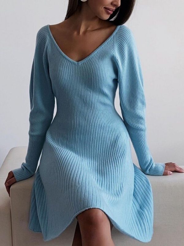 Wywm 2022 Winter Knitted Long Sleeve Dresses Women Soft Lazy V-neck Sweater Sexy Pit Streaks Flexible Ladies Vestidos Clothes – Sky Blue 1, Free Size