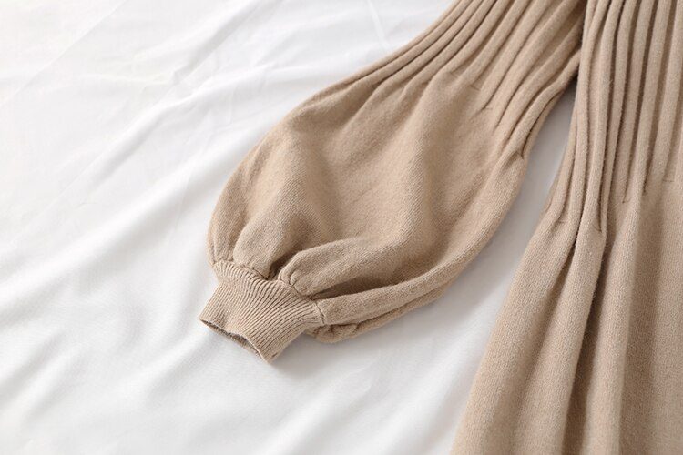 Elegant V Neck Lantern Sleeve Knitted Sweater Dress - Dresses - Uniqistic.com