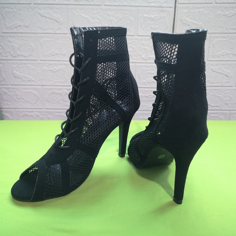 Black Mesh Cutout High Heel Sandals in Women's Pumps