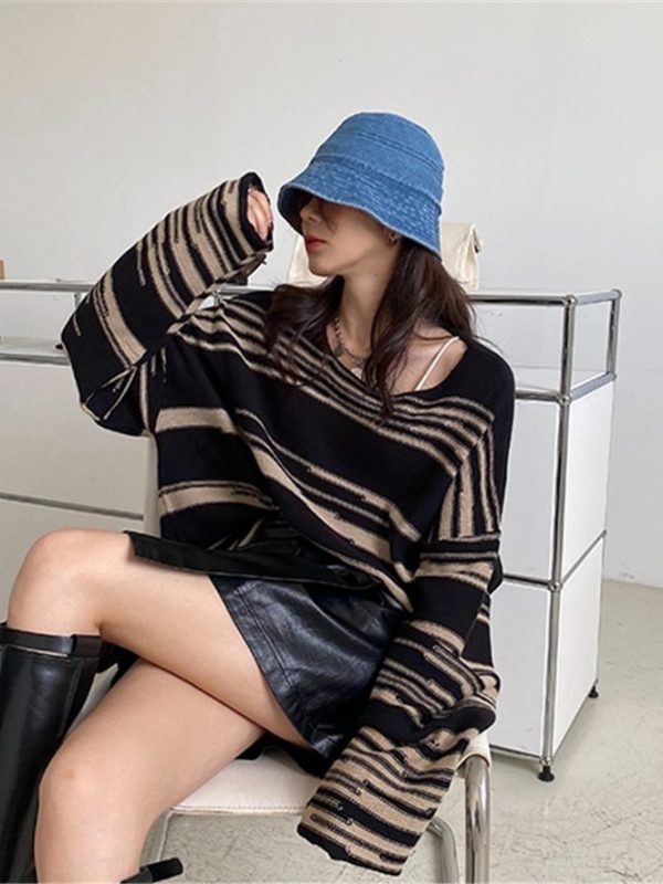 Retro Punk Gothic Striped Long Sleeve Loose Patchwork Sweater in Sweaters