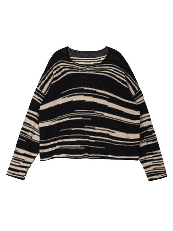 Retro Punk Gothic Striped Long Sleeve Loose Patchwork Sweater in Sweaters