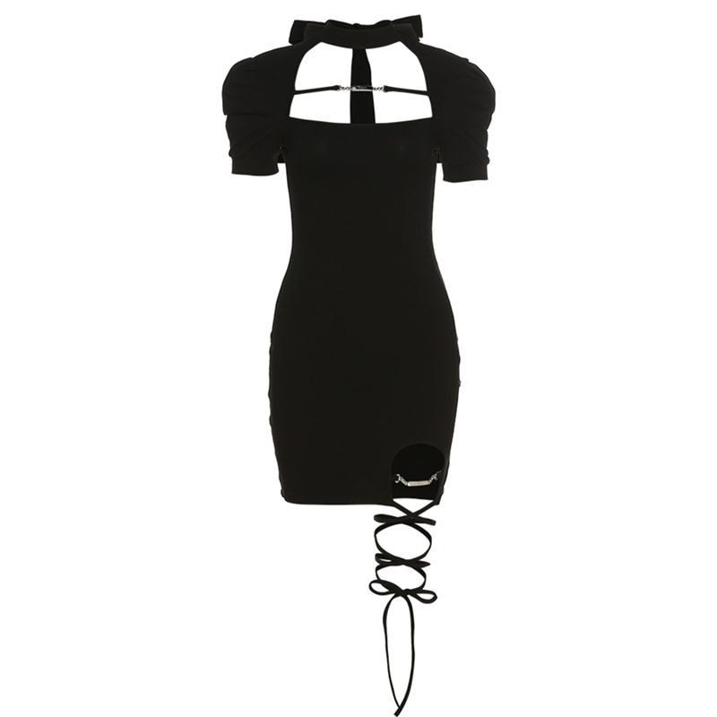 Vintage Black Hollow Out Short Sleeve Bandage Dress in Dresses