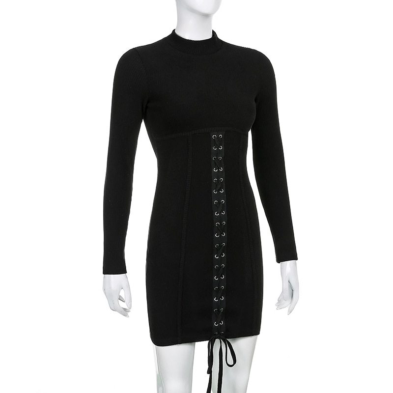 Tie Up Long Sleeve Knitted Black Bandage Mini Dress in Dresses