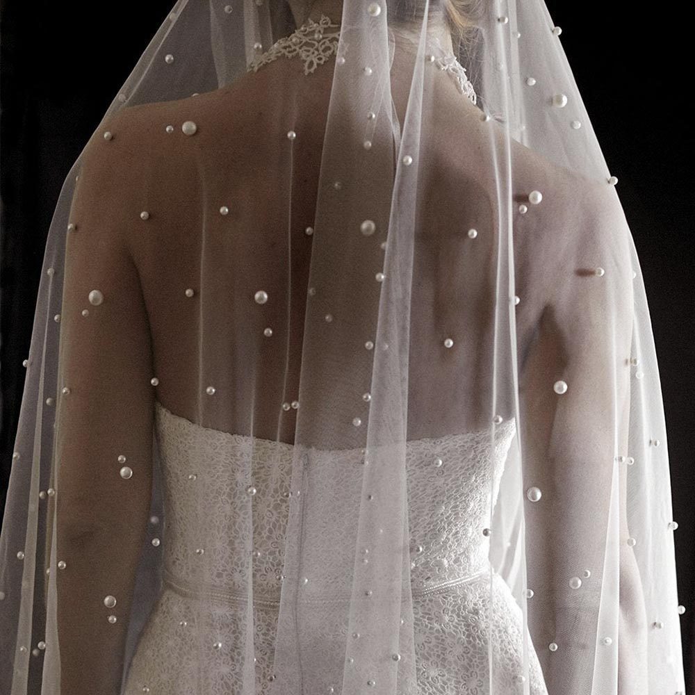 Pearls White Ivory One Layer Cathedral Wedding Veil With Comb 75-300cm in Wedding Veils