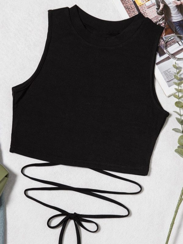 Black Round Neck Lady Casual Plain Lace Up Waist Tank For Women Fashion Sleeveless Short Slim Fit Tops With Medium Stretch