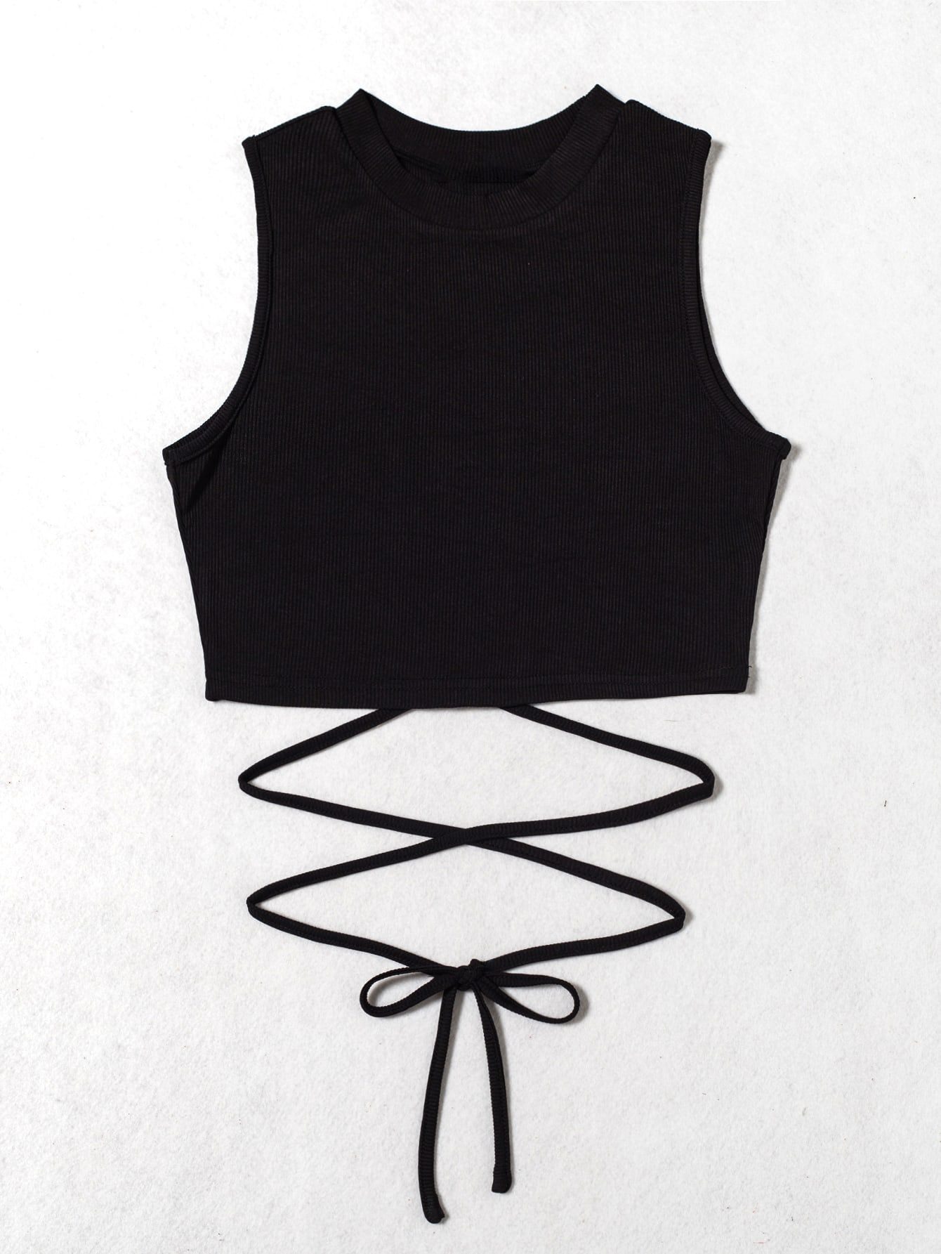Black Round Neck Plain Lace Up Waist Sleeveless Tank Top With Medium Stretch in T-shirts & Tops