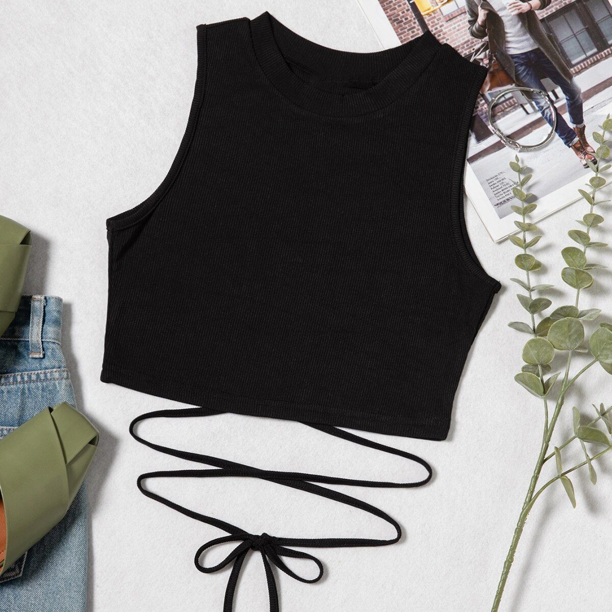 Black Round Neck Plain Lace Up Waist Sleeveless Tank Top With Medium Stretch in T-shirts & Tops