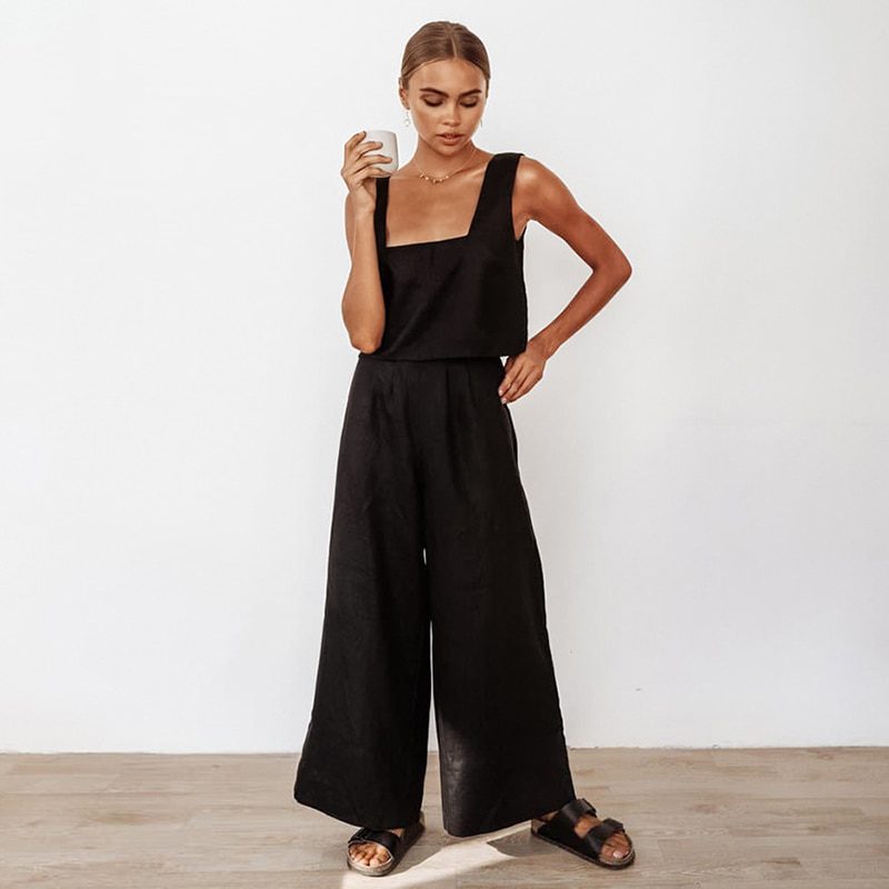 Sleeveless Top And Long Trousers Cotton Two Piece Set Tracksuit in Pants