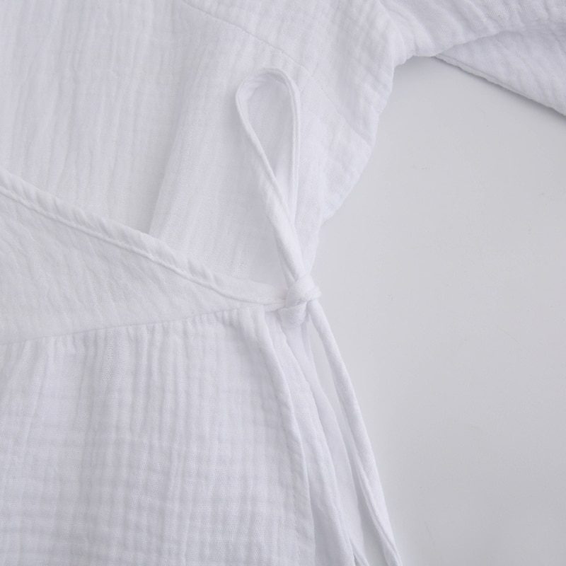 Vintage Crepe Gauze V-Neck Puff Sleeve Lace Up Elegant White Dress - Dresses - Uniqistic.com