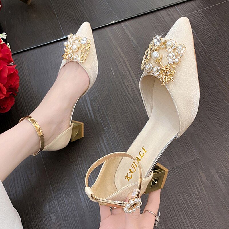 Bling Crystal Pearl Buckle Square Heels Pointed Toe Ankle Strap Pumps in Women's Pumps