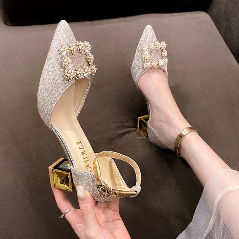 Bling Crystal Pearl Buckle Square Heels Pointed Toe Ankle Strap Pumps ...