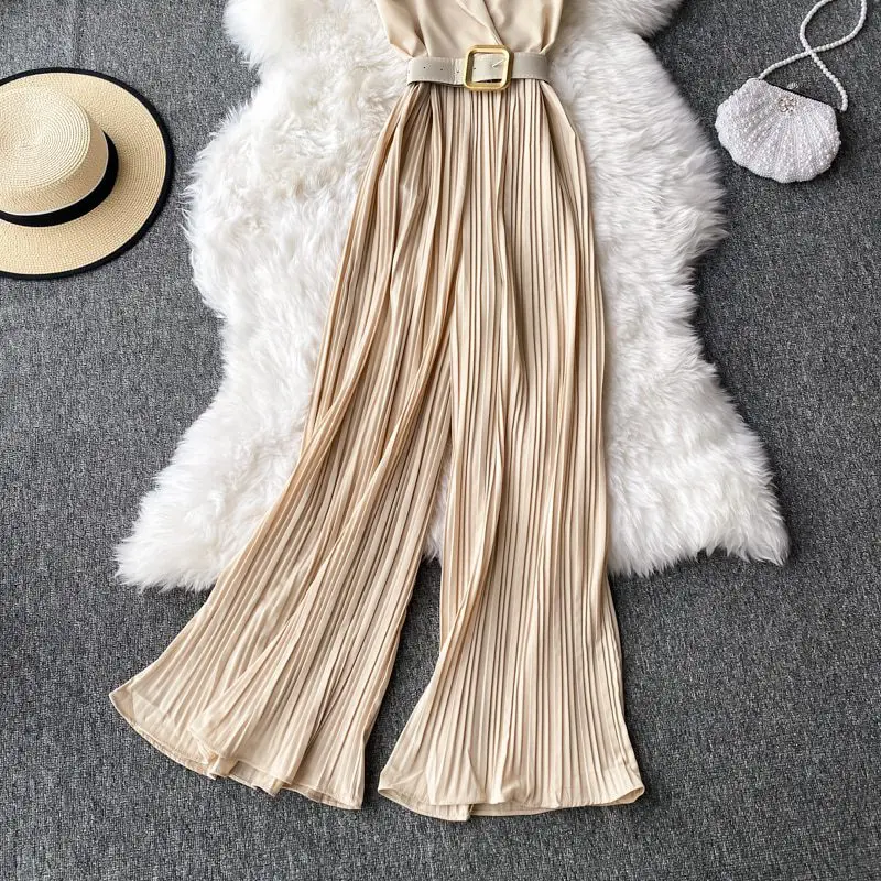 Vintage Notched Collar Draped Sleeveless High Waist Wide Leg Jumpsuit in Jumpsuits & Rompers