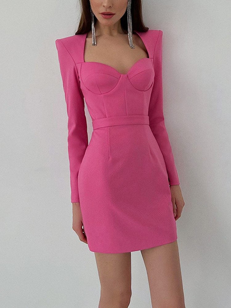 Vintage Long Sleeve Square Collar Bodycon Mini Dress in Dresses