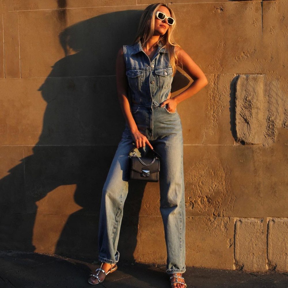 Retro Lapel Sleeveless Double Pocket Long Straight Denim Jumpsuit in Jumpsuits & Rompers