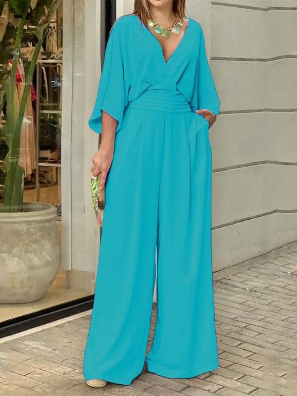 Short Bat Sleeve V Neck Backless Nipped Waist Loose Wide Leg Jumpsuit in Jumpsuits & Rompers
