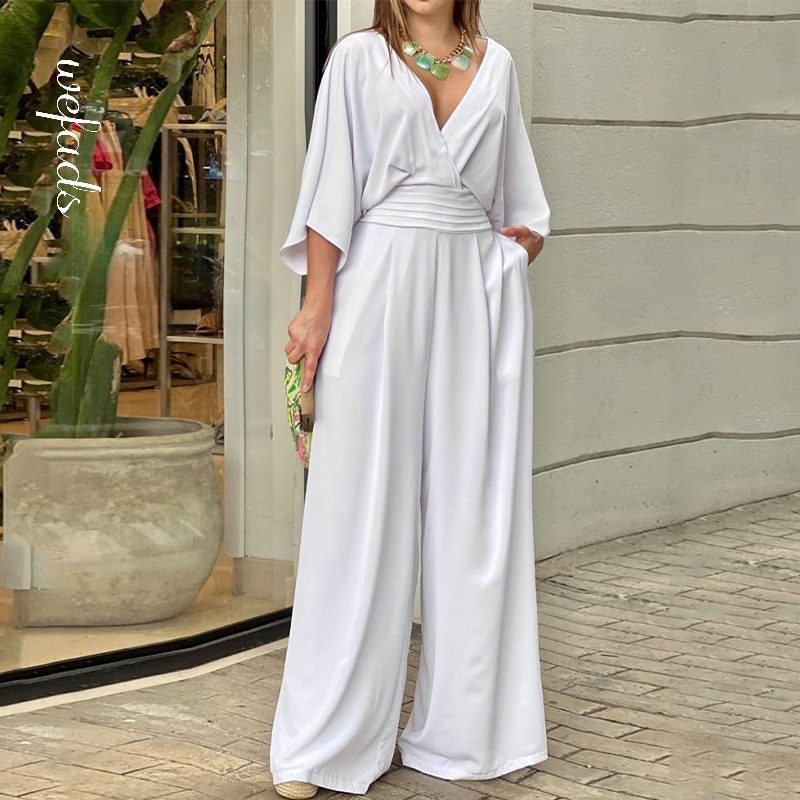Short Bat Sleeve V Neck Backless Nipped Waist Loose Wide Leg Jumpsuit in Jumpsuits & Rompers