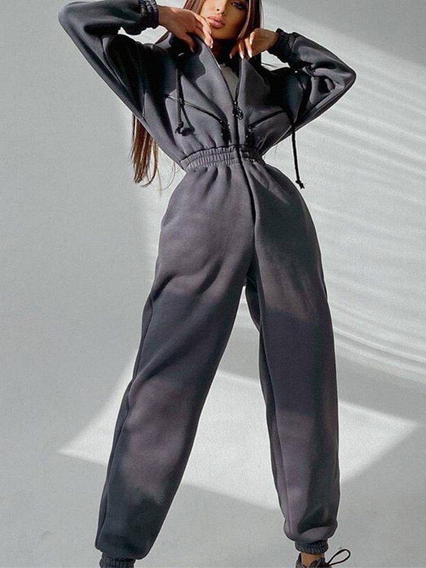 V-Neck Zipper Hooded Jumpsuit - Gray, XL in