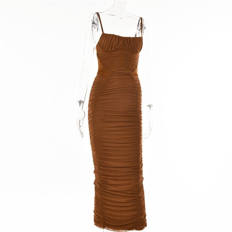 Elegant Corset Ruched Spaghetti Strap Sleeveless Backless Zipper Long Dress in Dresses