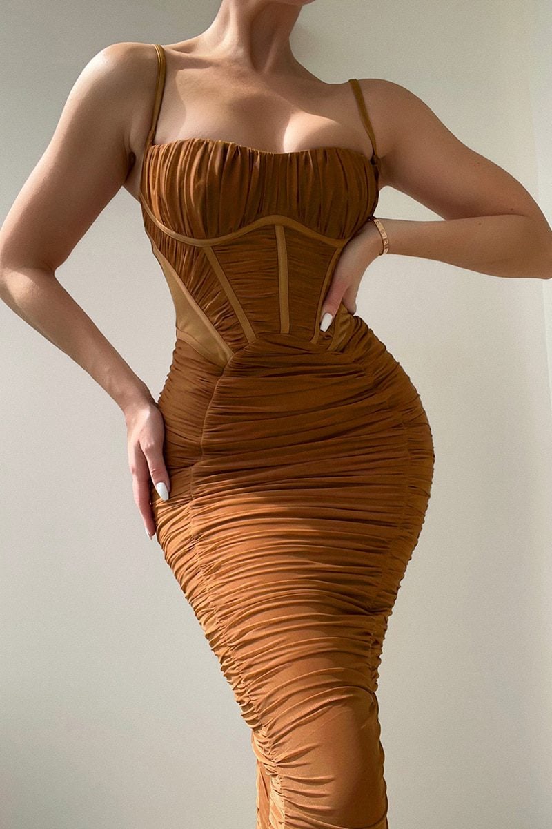 Elegant Corset Ruched Spaghetti Strap Sleeveless Backless Zipper Long Dress in Dresses