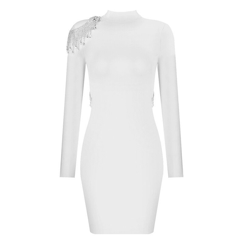 White Sparkly Backless Diamonds Tassel Bandage Dress in Dresses