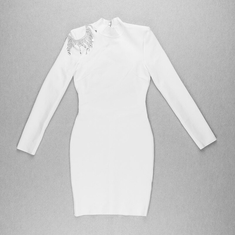 White Sparkly Backless Diamonds Tassel Bandage Dress in Dresses
