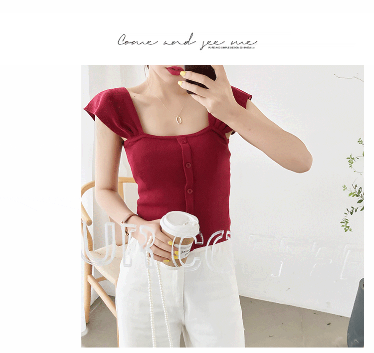 Knitted Button Up Square Neck Crop Top in T-shirts & Tops