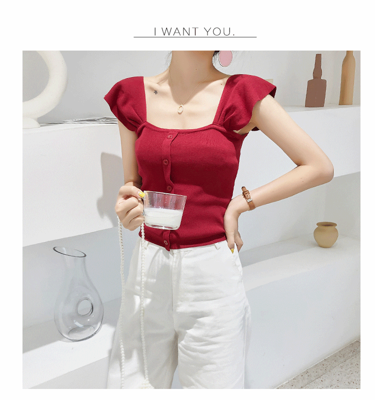 Knitted Button Up Square Neck Crop Top in T-shirts & Tops
