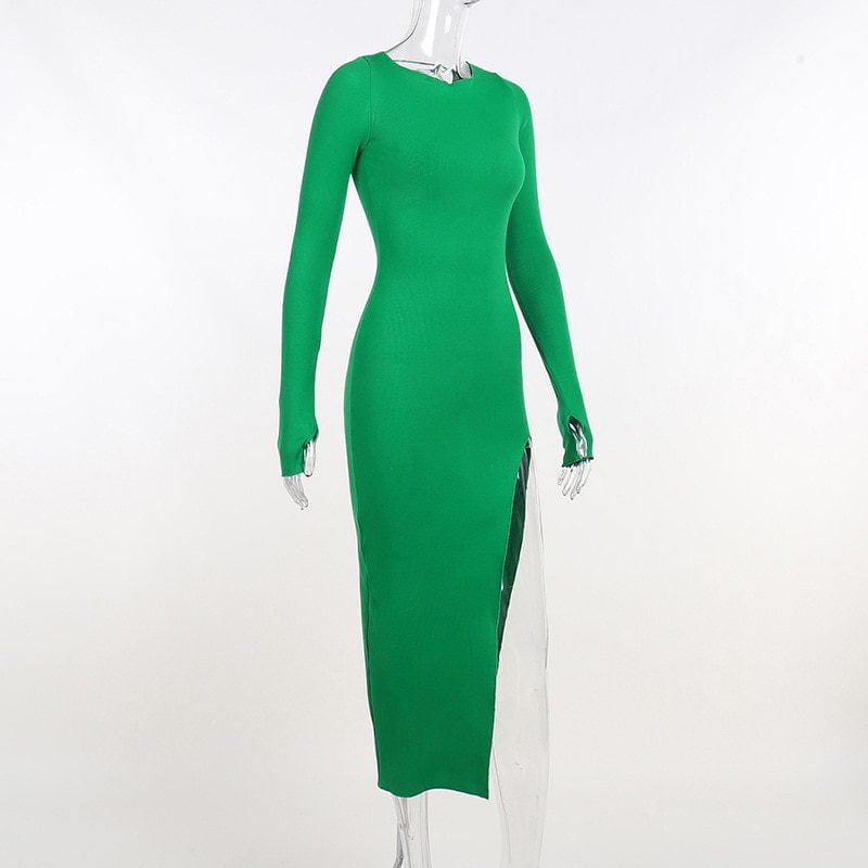 Long Sleeve Knitted Backless Bodycon Midi Dress in Dresses