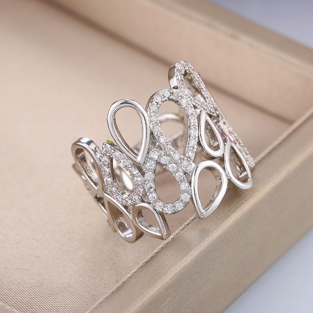 Hollow Out Water Drop Shape Crystal Cubic Zircon Ring in Rings