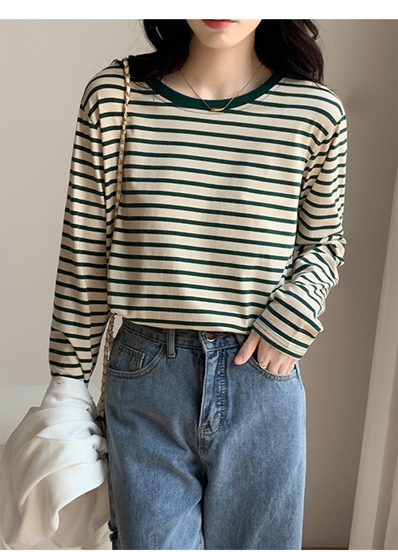Green Black Striped Loose Cotton Long Sleeve Basic Blouse in Blouses & Shirts