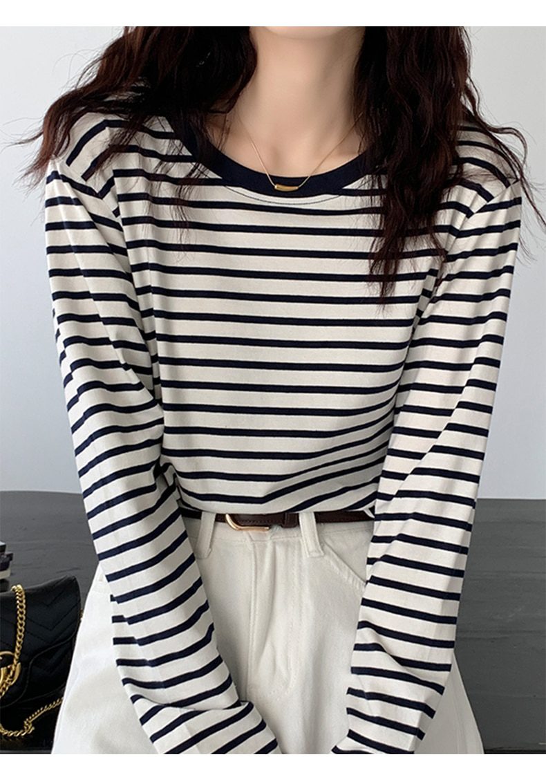Green Black Striped Loose Cotton Long Sleeve Basic Blouse in Blouses & Shirts