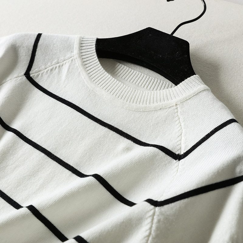 White Black Short Sleeve Striped O-Neck Pullover Sweater Top - Sweaters - Uniqistic.com