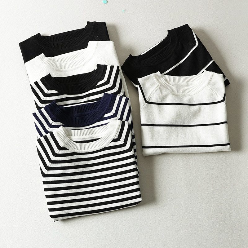 White Black Short Sleeve Striped O-Neck Pullover Sweater Top in Sweaters
