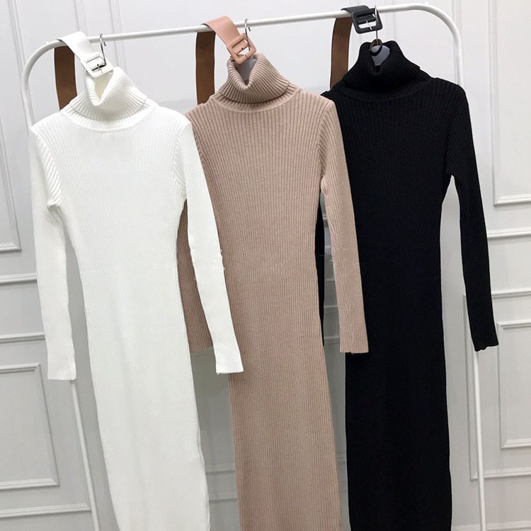 Soft Elastic Turtleneck Knitted Bodycon Sweater Midi Dress With Belt in Dresses